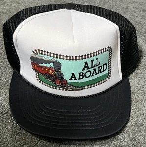 Vintage All Aboard Train Trucker Mütze 90er Schaumstoff vorne verstellbar Druckknopflasche NEU!! - Bild 1 von 7