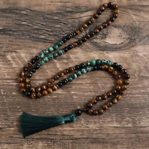 108 Mala Beads African Turquoise Obsidian Tiger's Eye Tassel Necklace Protection