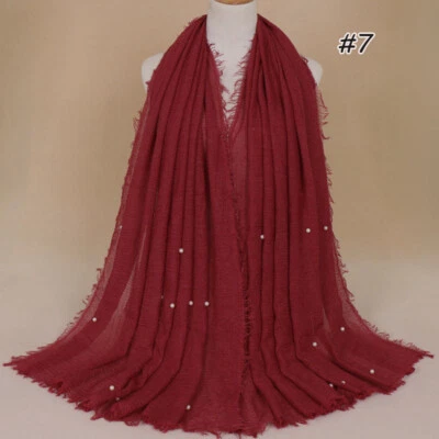 Mujeres Color Liso Arrugado Algodón Bufanda Mantón Musulmán Hiyab Cabeza Envoltura Perla Cuentas Foto 1 de 4