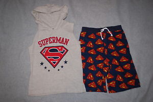 Boys SUPERMAN GRAY HOODED T-SHIRT Sleevlss NAVY BLUE SHORTS Red Logo SIZE 5-6