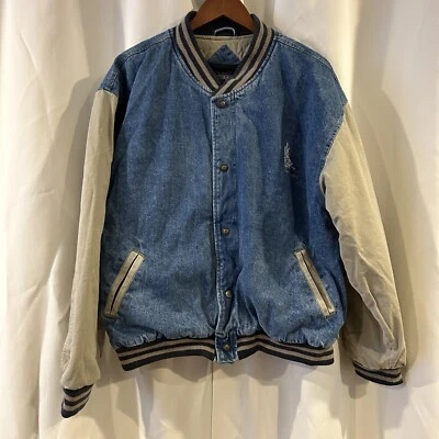 Chaqueta de bombardero universitaria vintage de los 90 Y2K No Fear Denim para hombre grande con botones a presión holgada Foto 1 de 4