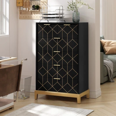 Cómoda moderna de 6 cajones para dormitorio de madera con adornos dorados Foto 1 de 4