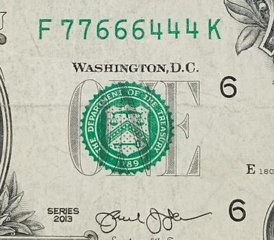 F77666444K $1 Repeater Trinary Fancy Serial Number One Dollar Bill 2013 Note - Image 1 of 3