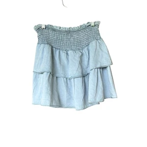 RSQ Tillys Junior Lg Blue Chambray Tiered Mini Skirt Smocked Waist Ruffle Hem - Picture 1 of 6