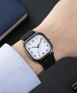 Mens Watch. Ultra Thin Black & White Square Face Business Watch Leather Strap UK - Picture 1 of 3