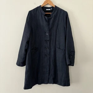 Habitat Navy Linen Textured Button Front Coat Lagenlook Jacket Large - Picture 1 of 12