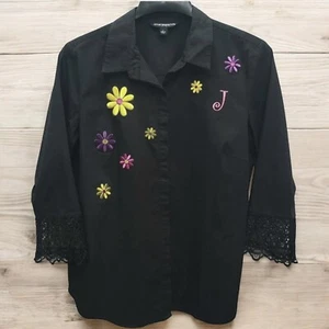 Sharagano Button Up Shirt Womens Large Black Embroidered Floral 3/4 Sleeves - Picture 1 of 9