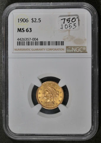 1906  2.50 Gold.  Quarter Eagle.  In NGC Holder.  MS 63.  j053 Cover