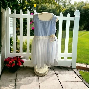 LAURA ASHLEY LONDON Girls 6X Blue White Stripe Lace Tulle Dress Cottagecore - Picture 1 of 8