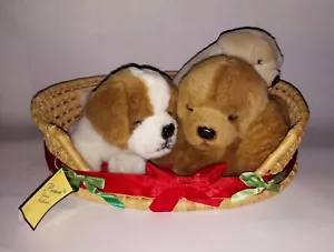 E&J Prima Classic Collection Stuffed Plush 3 Puppies in Straw Basket - Picture 1 of 6