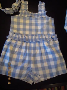 Janie and Jack NWT 5  Girl Blue Gingham Ruffle Short Romper  Headband EASTER - Picture 1 of 7