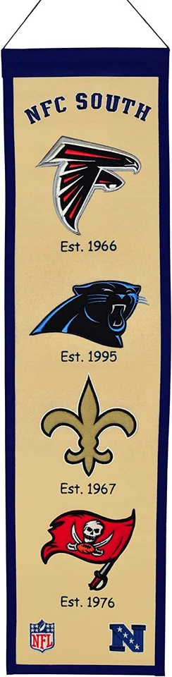 NFL NFC South Heritage Banner Falcons Panthers Saints Buccaneers Wool 8 X 32
