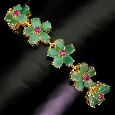 925 Sterling Silver Bracelet Oval Emerald 5x4mm Ruby Flower Gemstone Jewelry 10 - Image 1 of 4