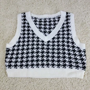 Houndstooth Sweater Vest Womens Large – Sleeveless V-Neck Rib Knit Casual Top - Picture 1 of 11