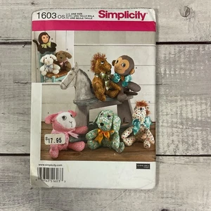 Simplicity 1603 Sewing Pattern Plush Stuffed Animals Dog Monkey Lamb Pony UNCUT - Picture 1 of 3