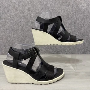 ECCO Women’s Black Leather Wedge Sandals Size 39 Open Toe Buckle Strap Comfort - Picture 1 of 10