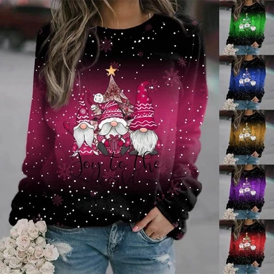Womens Christmas Print Jumper Blouse Shirts Xmas Pullover Top Tee Plus Size 6-24 - Image 1 of 4