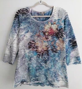 Vintage Suzie Womens Blue Multi Floral Pleated Top 3/4 Sleeve Size PL - Picture 1 of 6