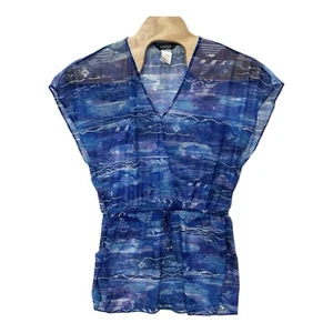 Lauren Ralph Lauren Womens Size L Blue Calypso Ikat-Print Tunic Cover Up Sheer - Picture 1 of 7