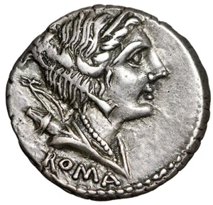 A Albinus AR Denarius "Diana, Quiver / Three Horsemen, Fallen Warrior" Beautiful - Picture 1 of 5