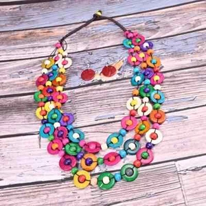 Wooden Women's Boho Necklace & Earring Set Stretch 3 Layer Mulit-Color - Picture 1 of 3