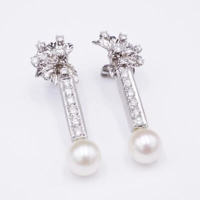 Vintage Retro 14k White Gold Diamond And Pearl Bar Drop Earrings - Image 1 of 4