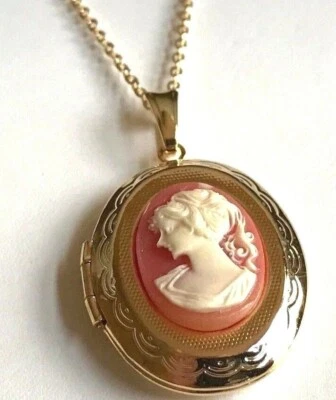 Коралловая камея фото медальон ожерелье позолоченный 18» винтажный стиль леди викторианской - Изображение 1 из 4