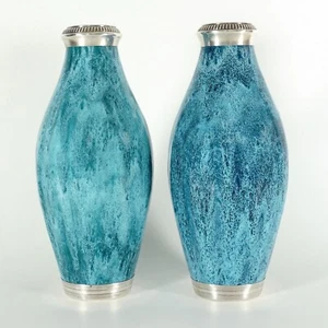 Pair Antique French Pottery Sterling Silver Mounted Vases Blue Flambe Glazed - Picture 1 of 5