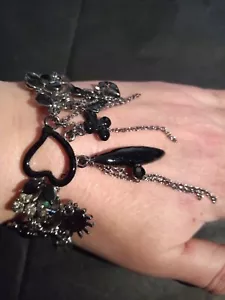 Pewter Grey Metal Charm Bracelet, Vintage, Flower, Heart, Rhinestone Diamonte - Picture 1 of 16