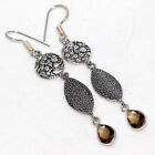 925 Silver Plated-Smoky Topaz Ethnic Gemstone Handmade Earrings Jewelry 2.6" w79
