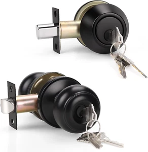 Entry Door Knob and Single Cylinder Deadbolt Lock Set, Exterior Door Lock Set, E - Picture 1 of 12