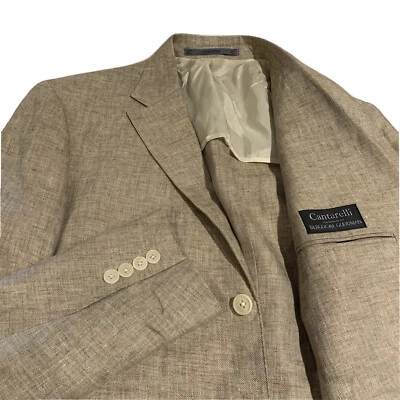 Cantarelli Beige Tan Linen Herringbone Weave 3 Btn Jacket 40 (52) Bergdorf - Image 1 of 4