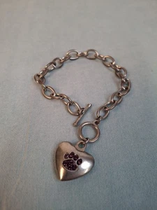 Bracelet chaîne charme cœur gonflé imprimé patte améthyste ton argent chien chat animal cadeau - Photo 1/9