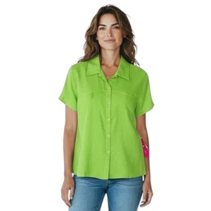 Sunny Leigh Linen Green Short Sleeve Top Blouse Button Up Shirt Large NWT - Picture 1 of 15