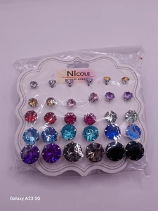 15 Pairs Stud Earrings Silver Tone Post Multicolor Stones - Picture 1 of 4