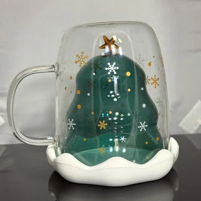 Taza de café de vidrio de doble pared 10 oz taza de té transparente con tapa de mango vacaciones de Navidad Foto 1 de 4