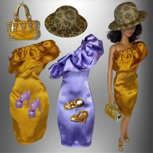 Eledoll Vestiti Abito Raso Oro Viola Confezione da 2 Fashion per Set Bambola 12” - Foto 1 di 2