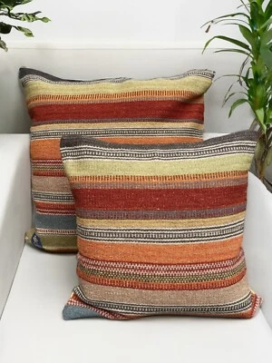 Large Cushion Cover Orange Green Multi Striped Wool Kilim Cushions 60 x 60 cm - Image 1 of 4