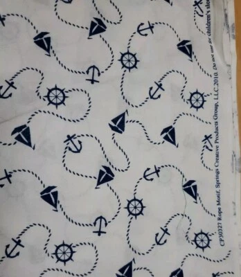 Sewing Fabric Springs Sail Boat Anchor Nautical Blue White 27x45" 3/4yd Cotton - Image 1 of 4