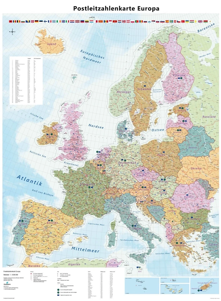 Postleitzahlenkarte PLZ von Europa, Wandkarte, großes Poster, 90 cm X 123 cm - Bild 1 von 1