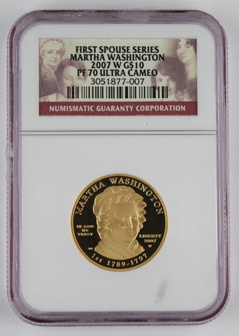 2007 W $10 Martha Washington 1/2 Oz 24K Gold First Spouse Proof Coin NGC PF70 UC Cover