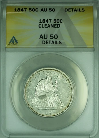 1847 Seated Liberty Silver Half Dollar 50c Coin ANACS AU 50 Details Cleaned Cover