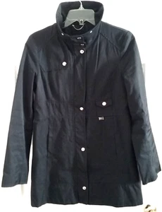 Guess Full Zipper Silver Metal Snap Close High Collar Black Trench Rain Coat S/M - Picture 1 of 13