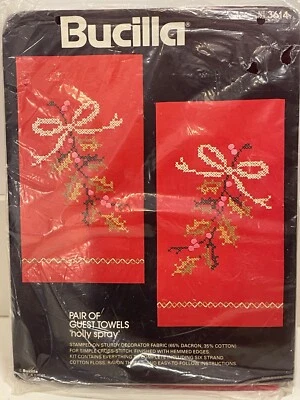 NEW BUCILLA CROSS-STITCH 2 RED GUEST TOWELS HOLLY SPRAY KIT CHRISTMAS 3614 - Image 1 of 3