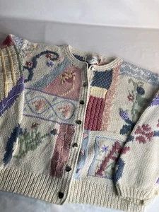Vintage The Eagle’s Eye Medium Floral Beige Sweater Cardigan Hand Knit - Picture 1 of 4