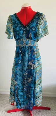 Vestido NY Collection Teal Paisley con Borde de Terciopelo M Midi Ligero Nuevo con Etiquetas Manga Gorra Foto 1 de 4