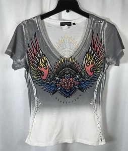 Black Label Affliction Tribal Multicolor Rhinestone Graphic V-neck Woman Top M - Picture 1 of 10