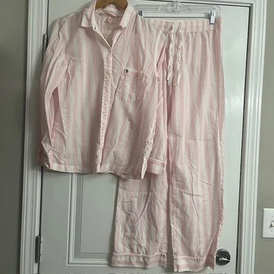 Victoria Secret Pink And White 2 Piece Striped Pajama Set Womens Small - Image 1 of 4