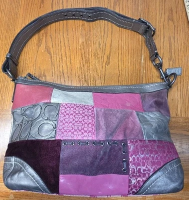 Сумка Coach кожаная замшевая жаккардовая лоскутная розовая фиолетовая серебристая пушечный металл F12865 - Изображение 1 из 4