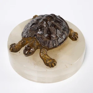 Vintage Bronze Turtle Tortoise Figurine on White Quartz Base 3.5"dia - Picture 1 of 5